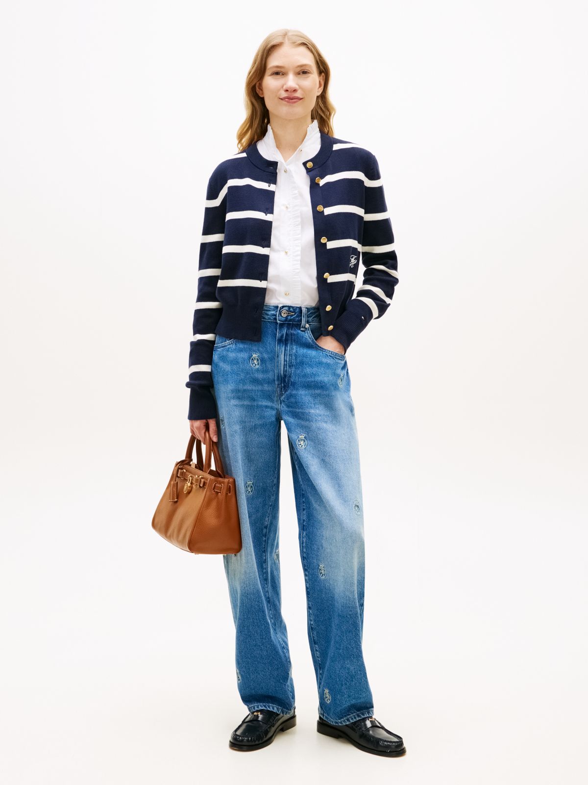 Crest Embroidery Mid Rise Barrel Leg Jeans — Blue