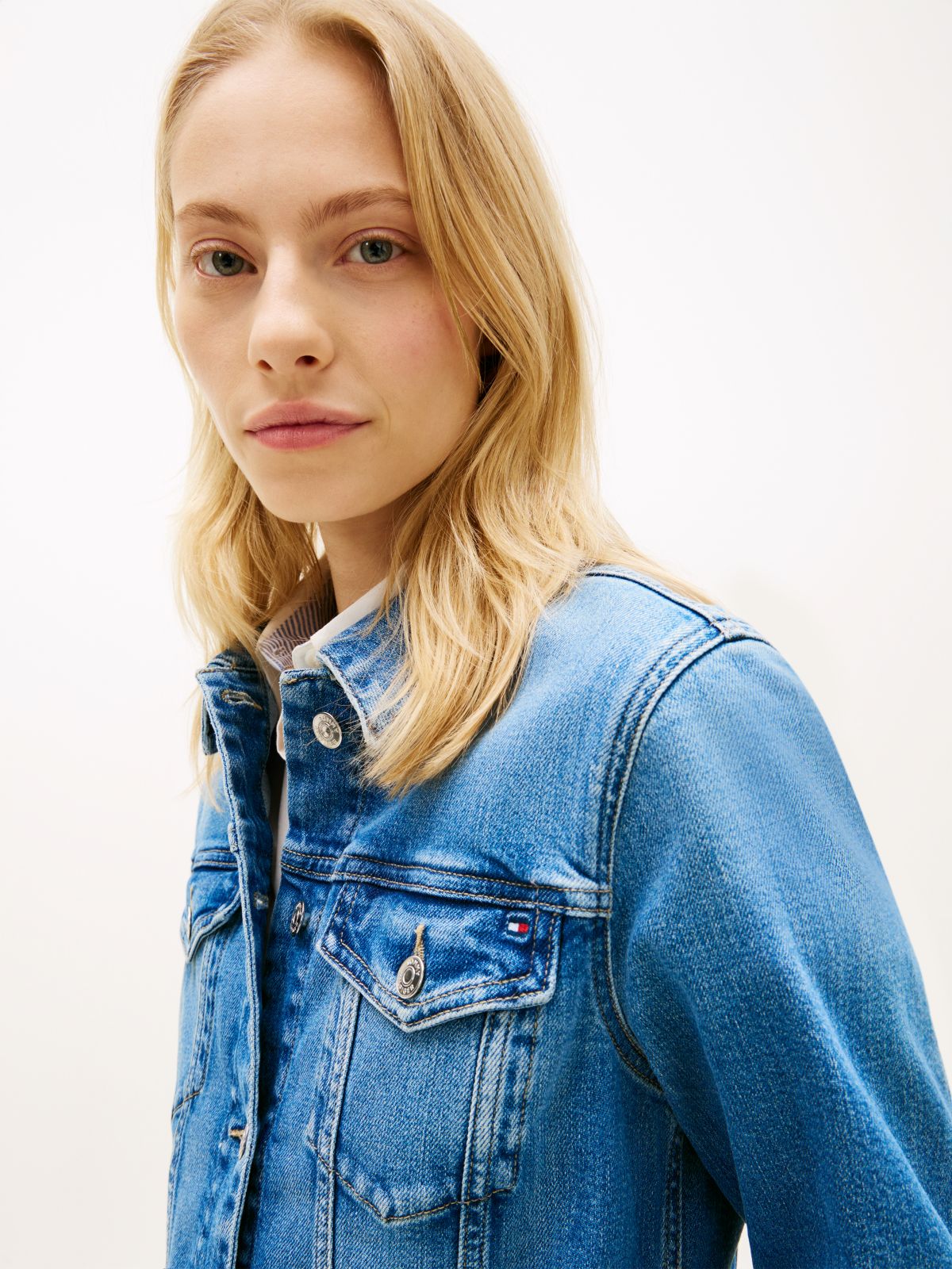 Flag Embroidery Slim Denim Jacket — Blue