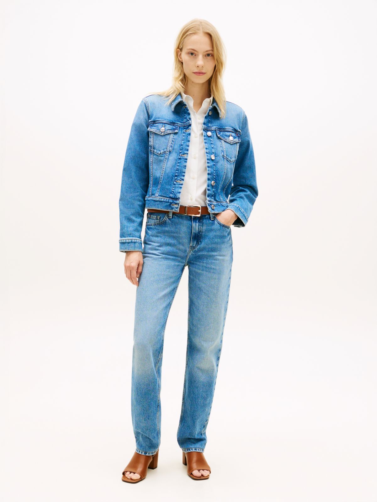 Flag Embroidery Slim Denim Jacket — Blue