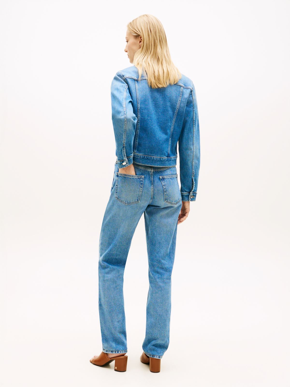 Flag Embroidery Slim Denim Jacket — Blue