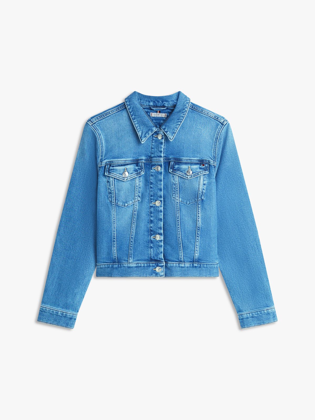 Flag Embroidery Slim Denim Jacket — Blue