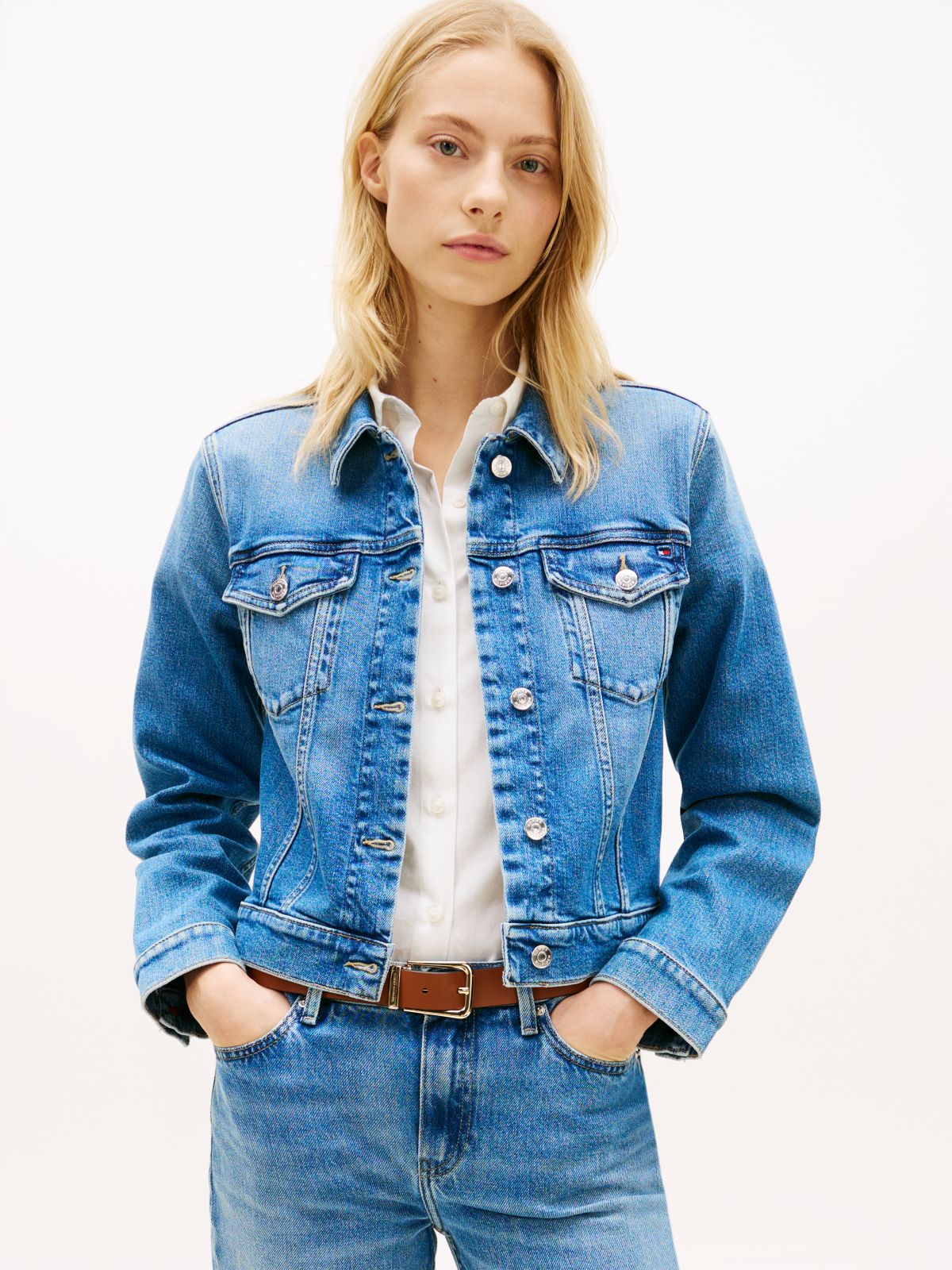 Flag Embroidery Slim Denim Jacket — Blue