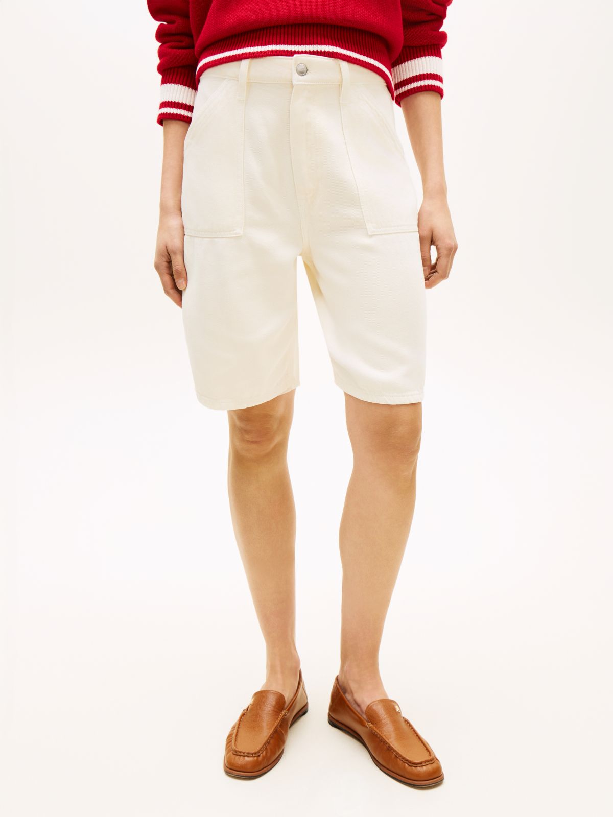 Mid Rise Relaxed Straight Leg Bermuda Shorts — Beige