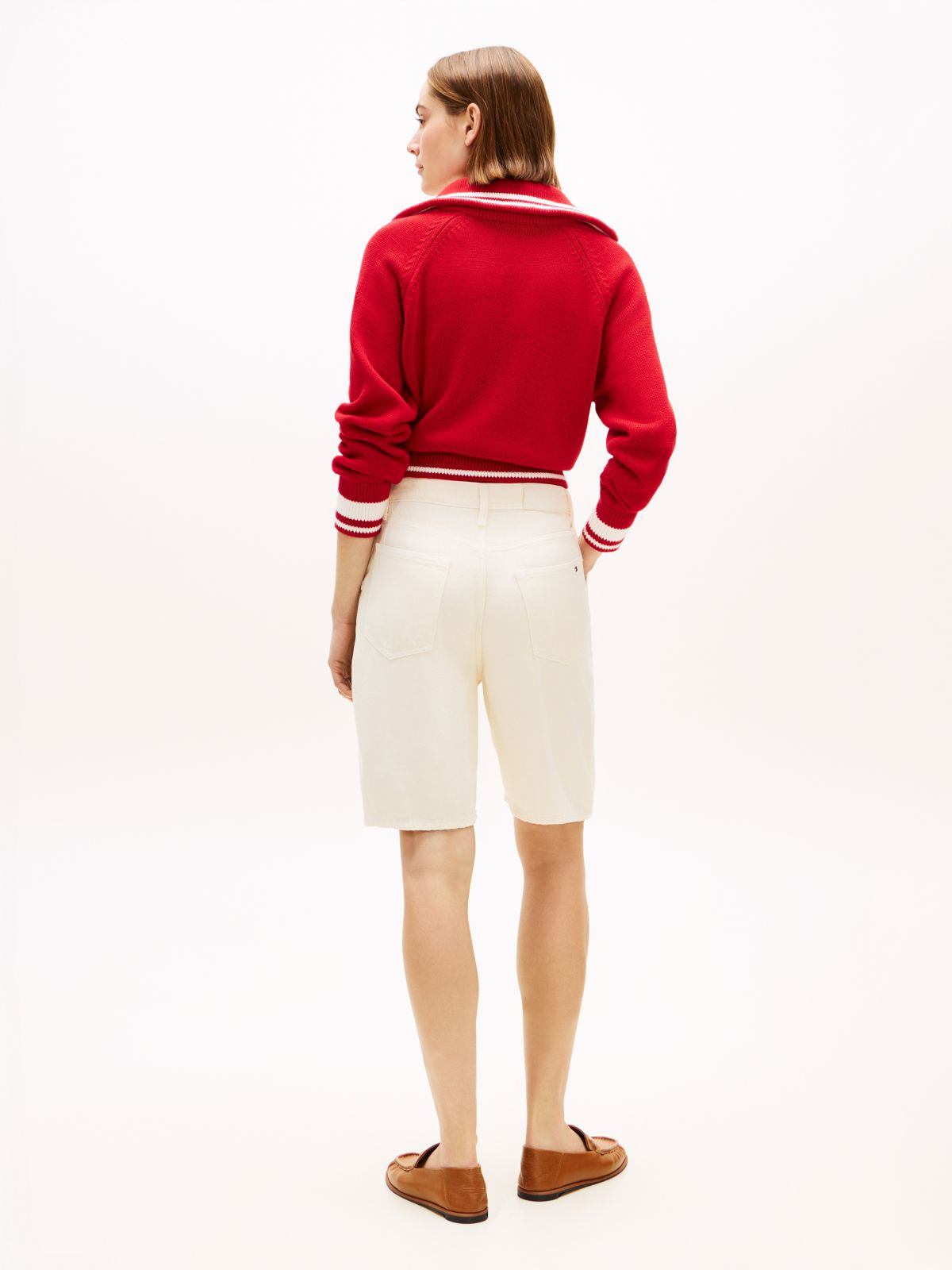 Mid Rise Relaxed Straight Leg Bermuda Shorts — Beige