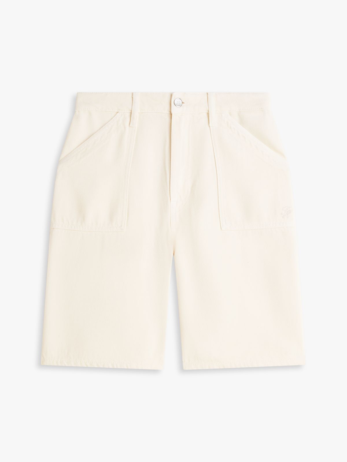 Mid Rise Relaxed Straight Leg Bermuda Shorts — Beige