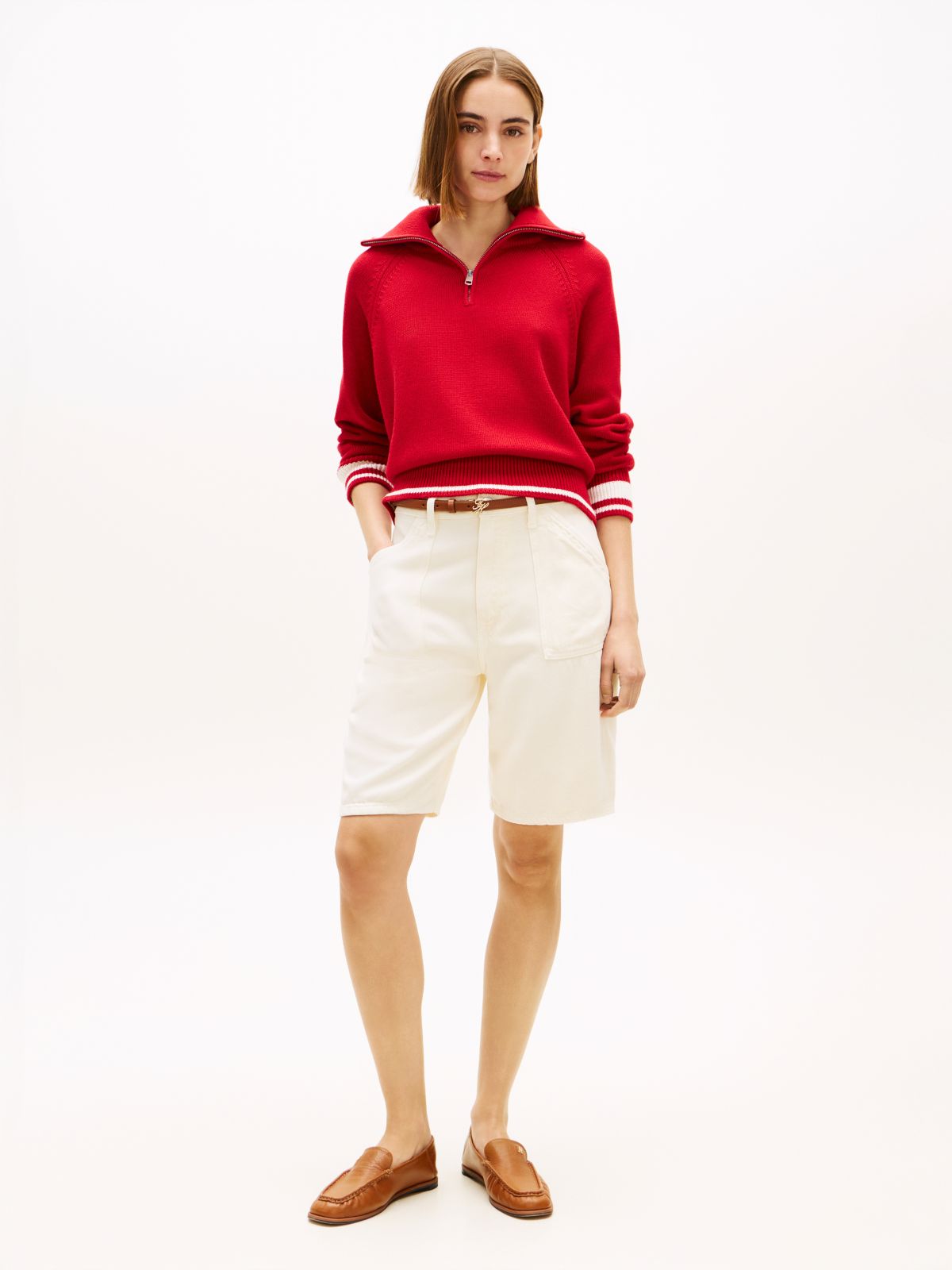 Mid Rise Relaxed Straight Leg Bermuda Shorts — Beige