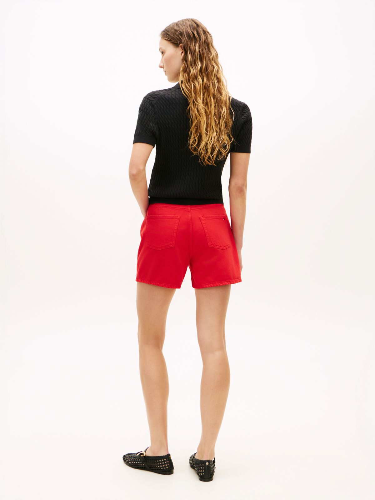 Gold-Tone Button High Rise Denim Shorts — Orange