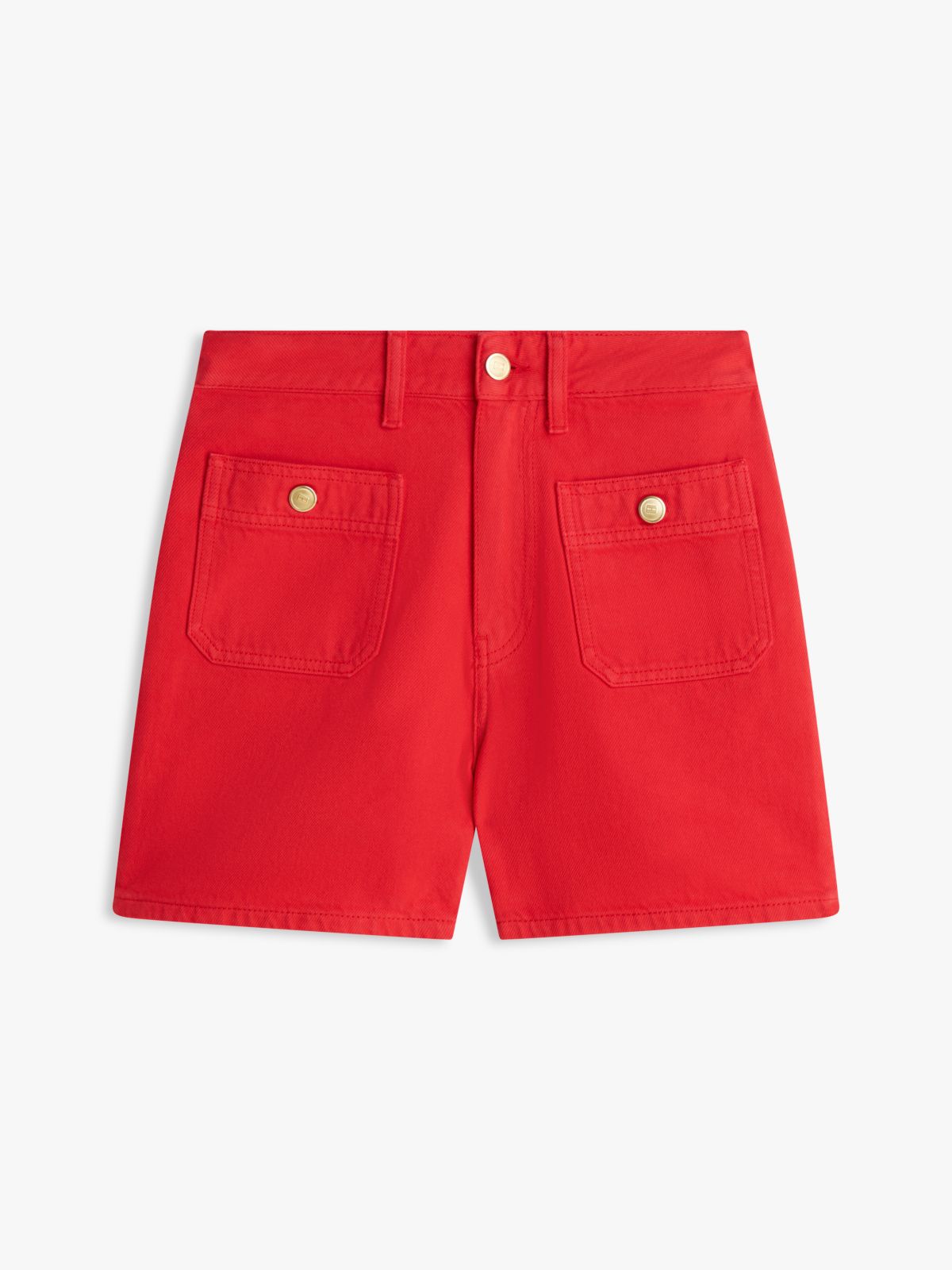 Gold-Tone Button High Rise Denim Shorts — Orange