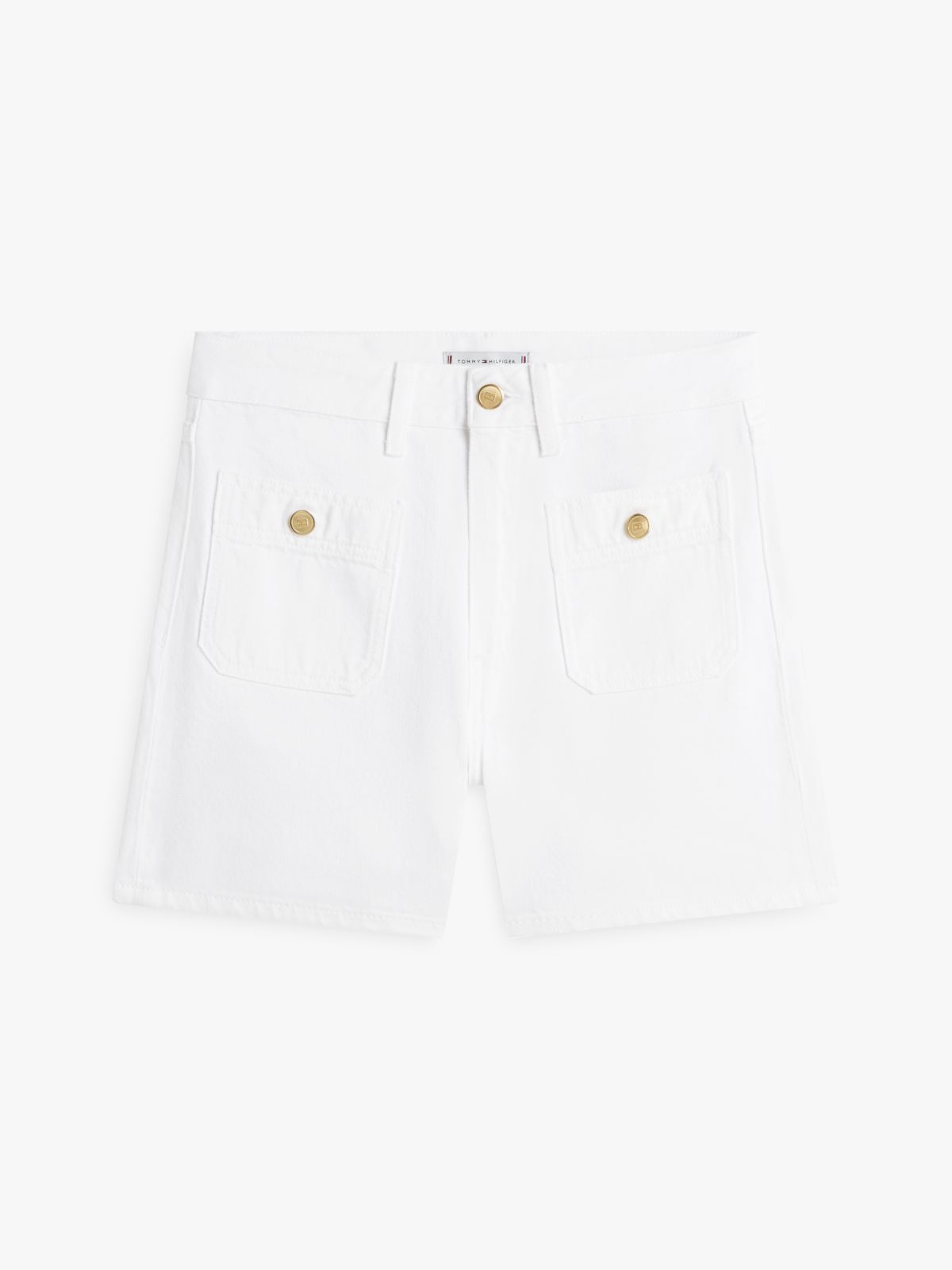 Gold-Tone Button High Rise Denim Shorts — White