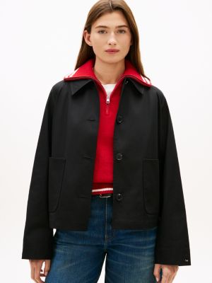 black water repellent collared relaxed short jacket for women tommy hilfiger