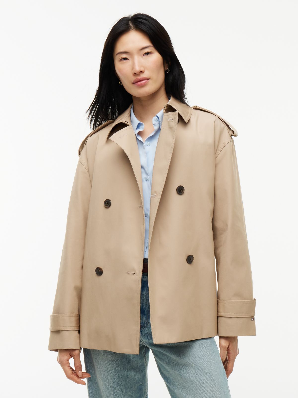 Water Repellent Relaxed Short Trench Coat — Beige