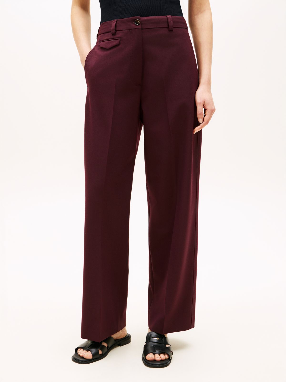Wool Blend Loose Straight Leg Trousers — Red