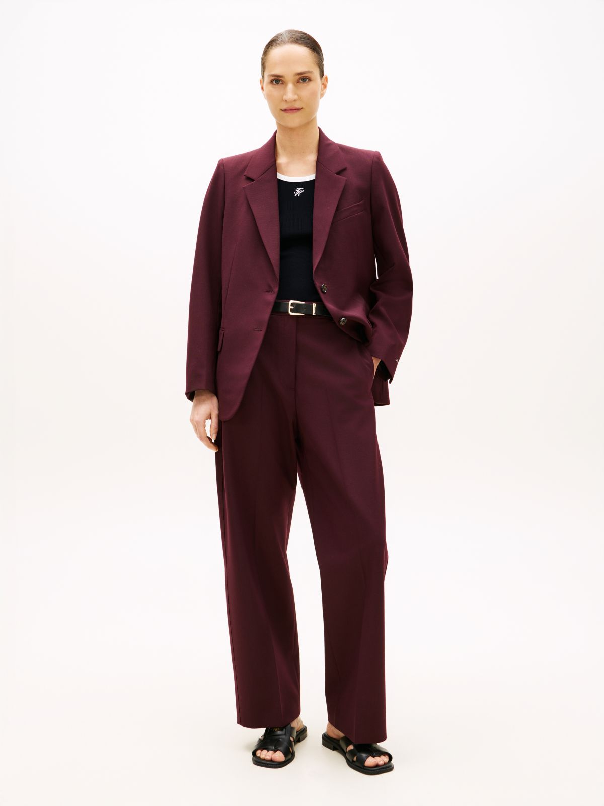 Wool Blend Loose Straight Leg Trousers — Red