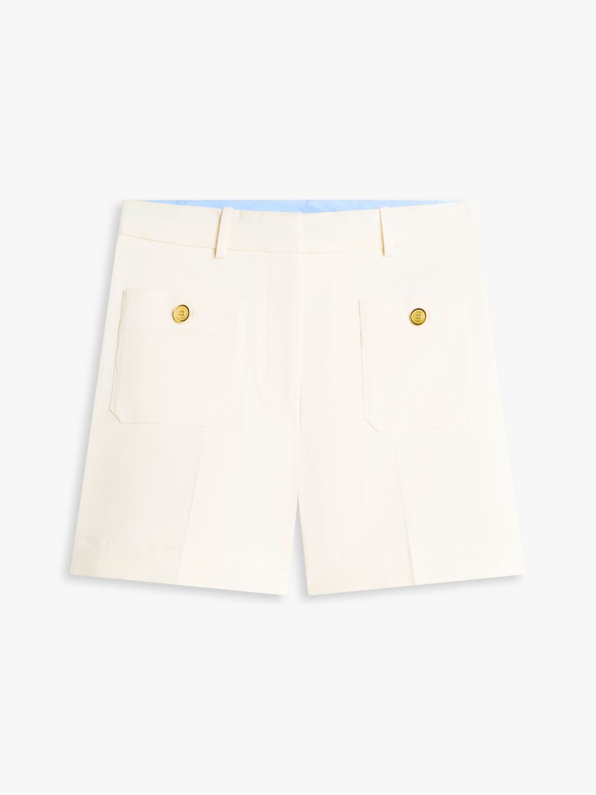 Crest Embossed Gold-Tone Button Shorts — Beige