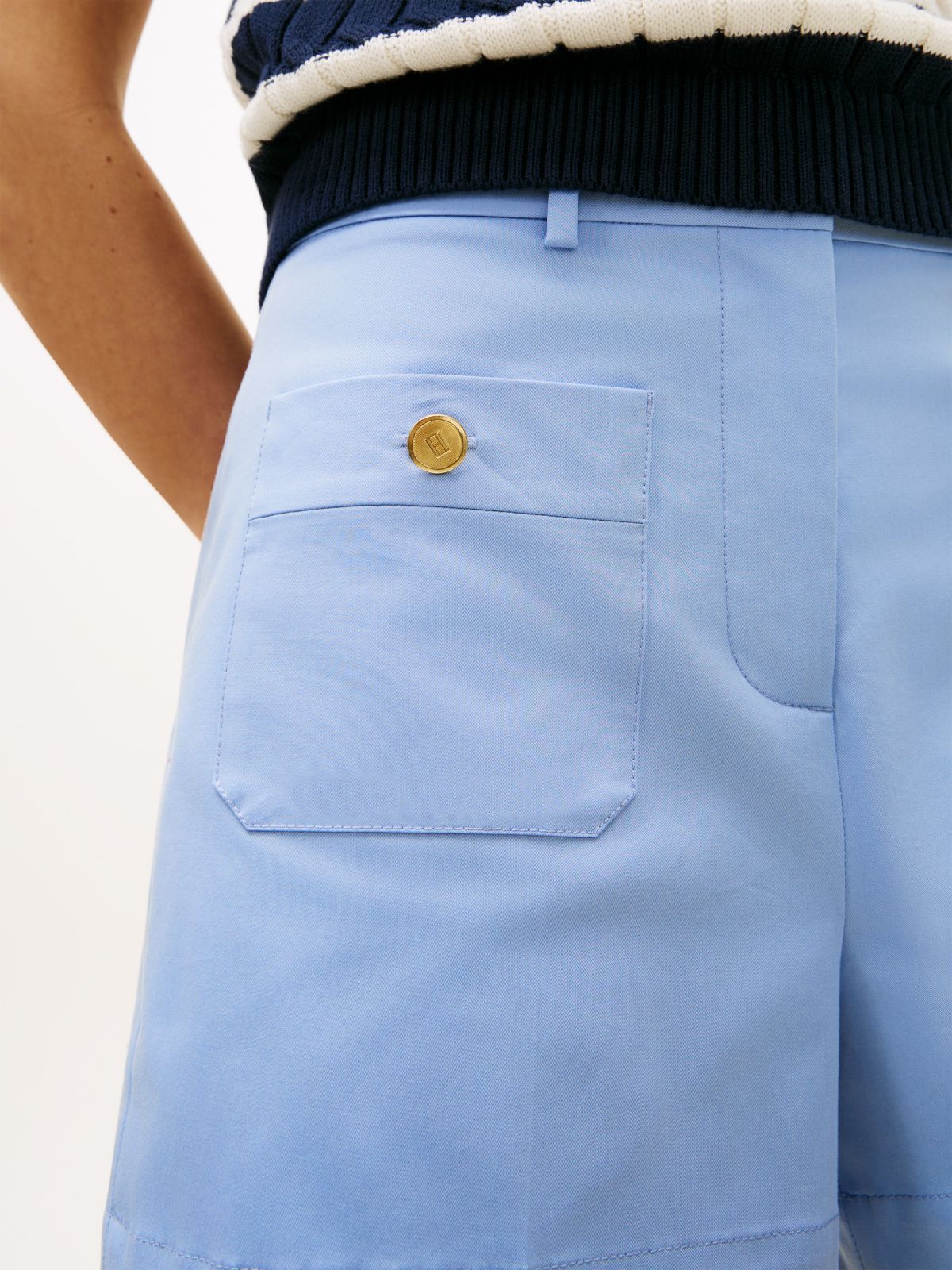 Crest Embossed Gold-Tone Button Shorts — Blue