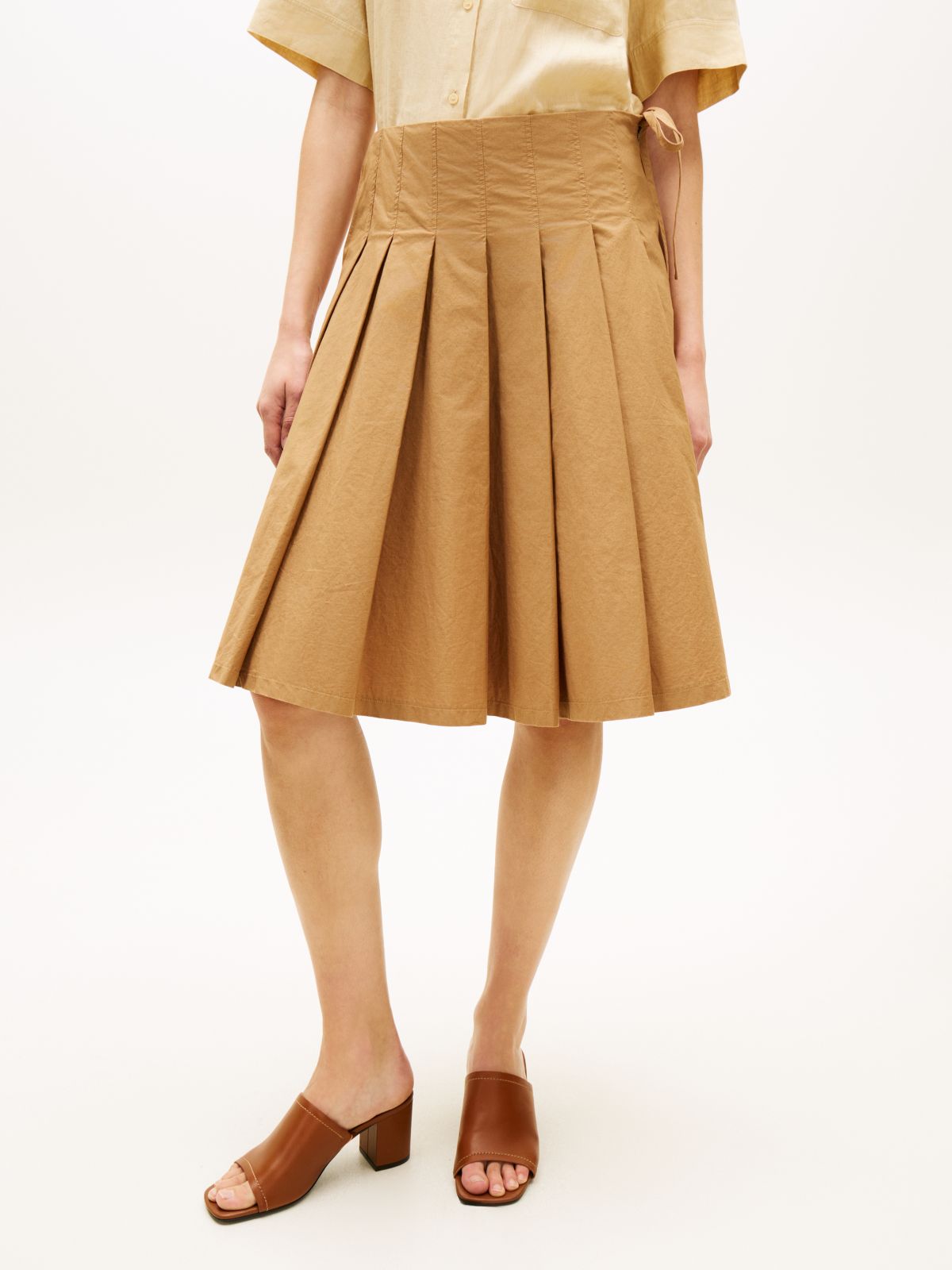 Washed Pleated Midi Skirt — Khaki