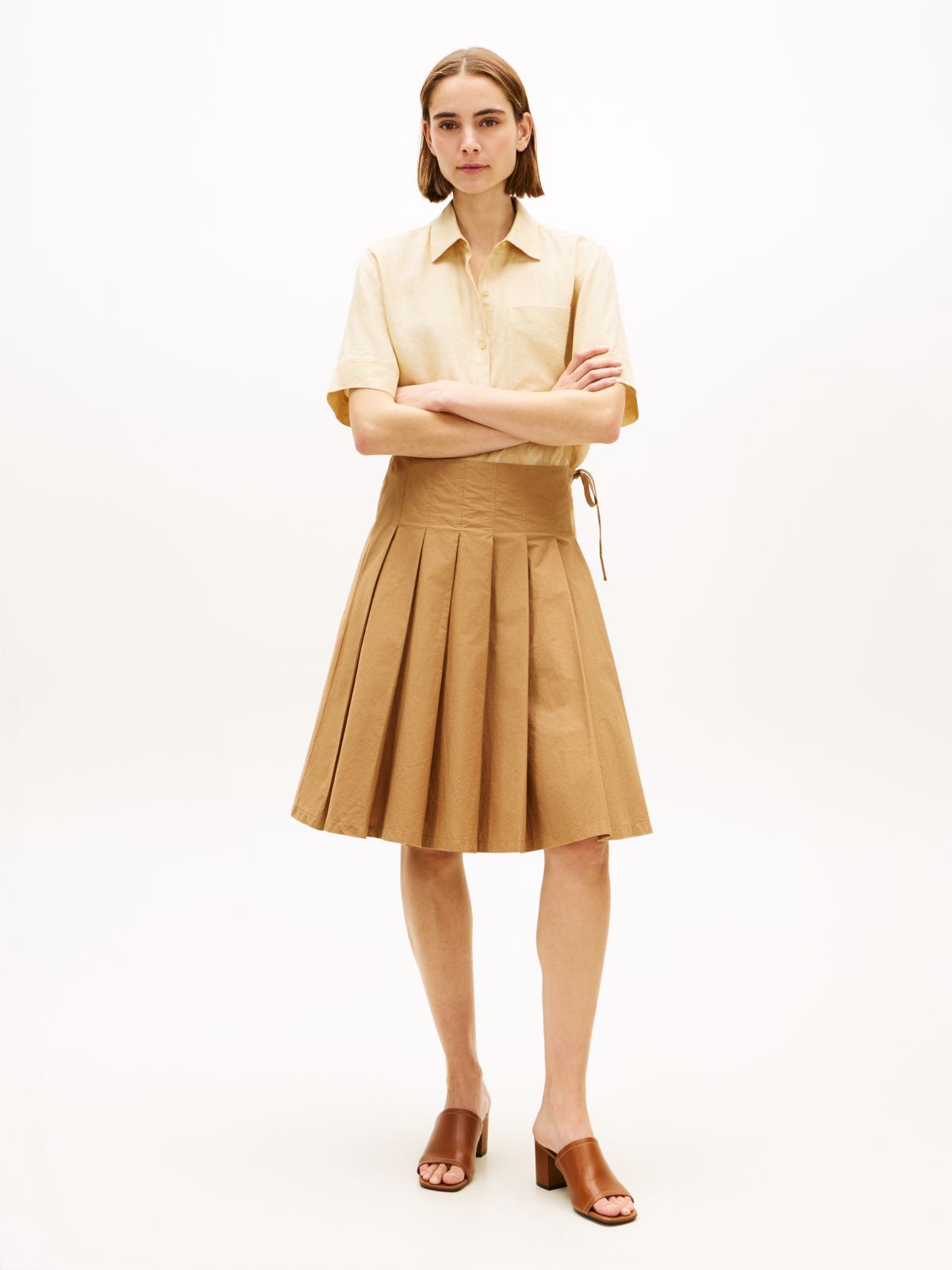 Washed Pleated Midi Skirt — Khaki