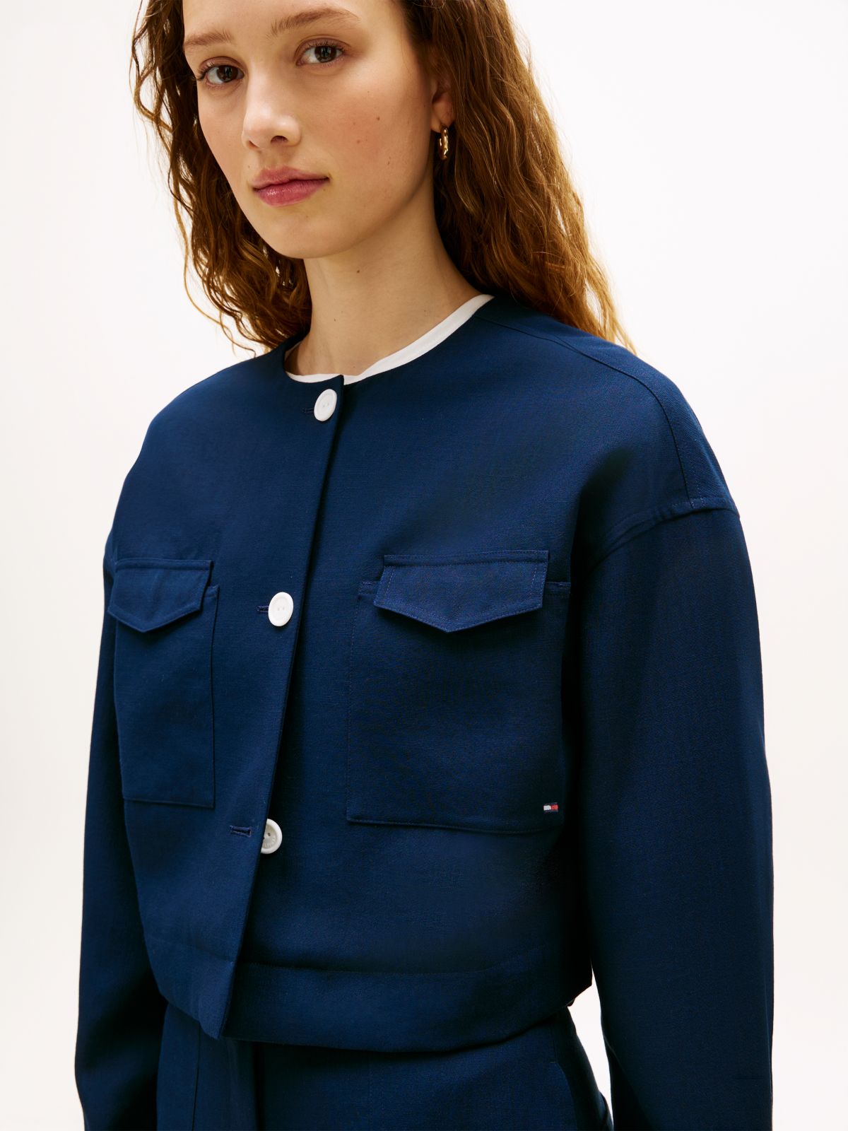 Tailored Collarless Boxy Short Utility Jacket — Blue