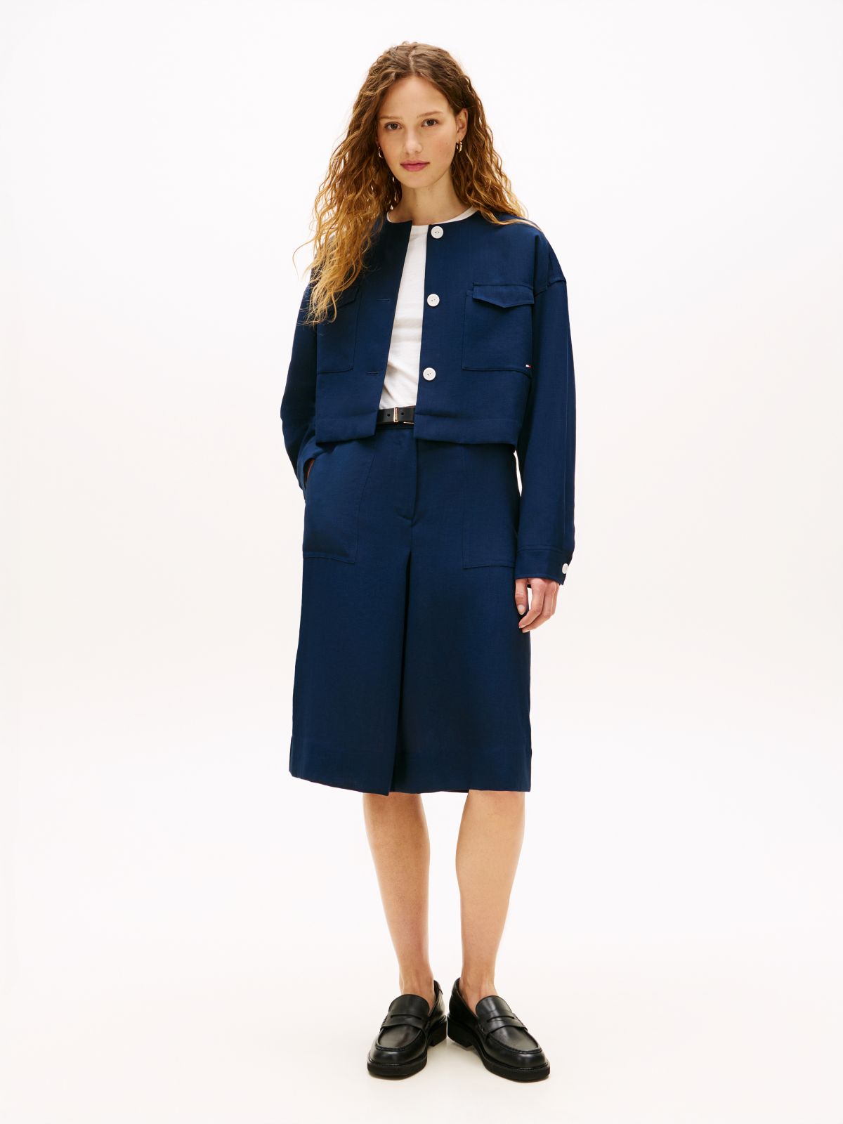 Tailored Collarless Boxy Short Utility Jacket — Blue