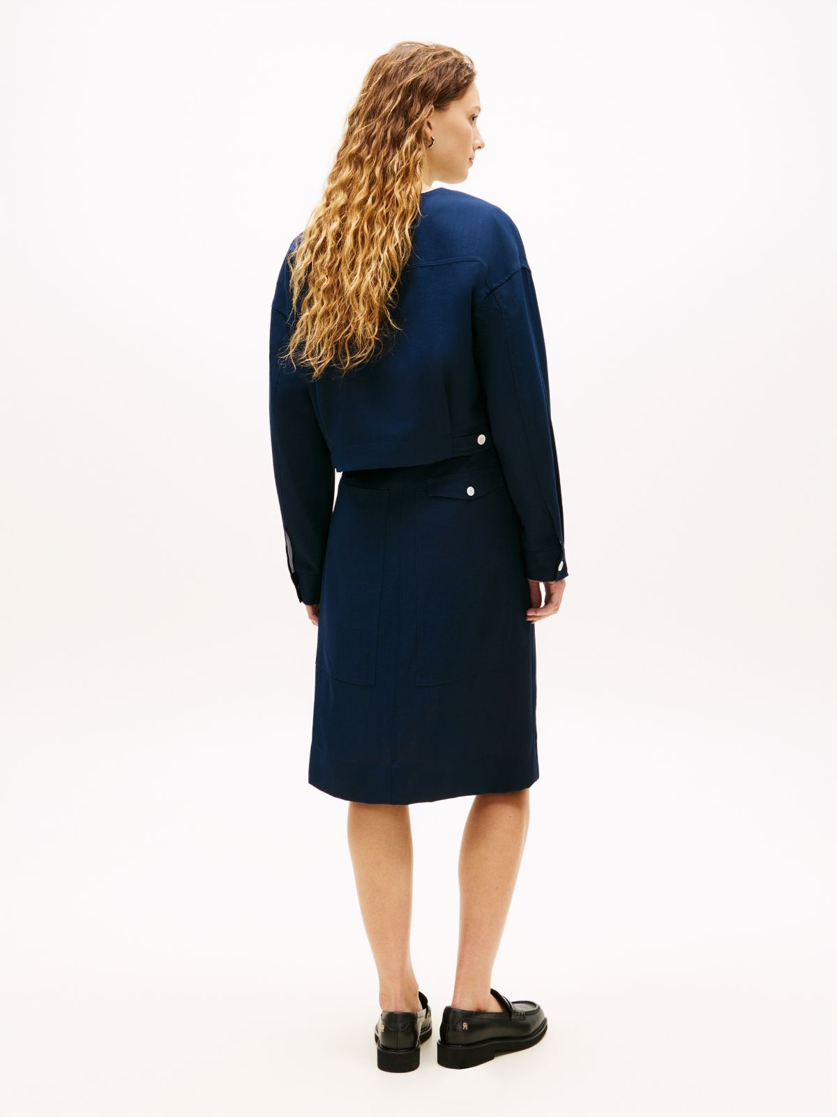 Tailored Collarless Boxy Short Utility Jacket — Blue