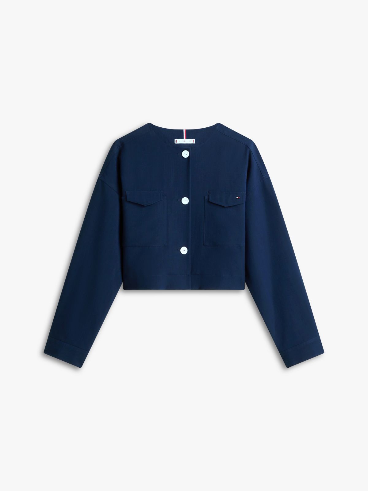 Tailored Collarless Boxy Short Utility Jacket — Blue