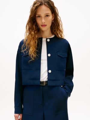 blue tailored collarless boxy short utility jacket for women tommy hilfiger