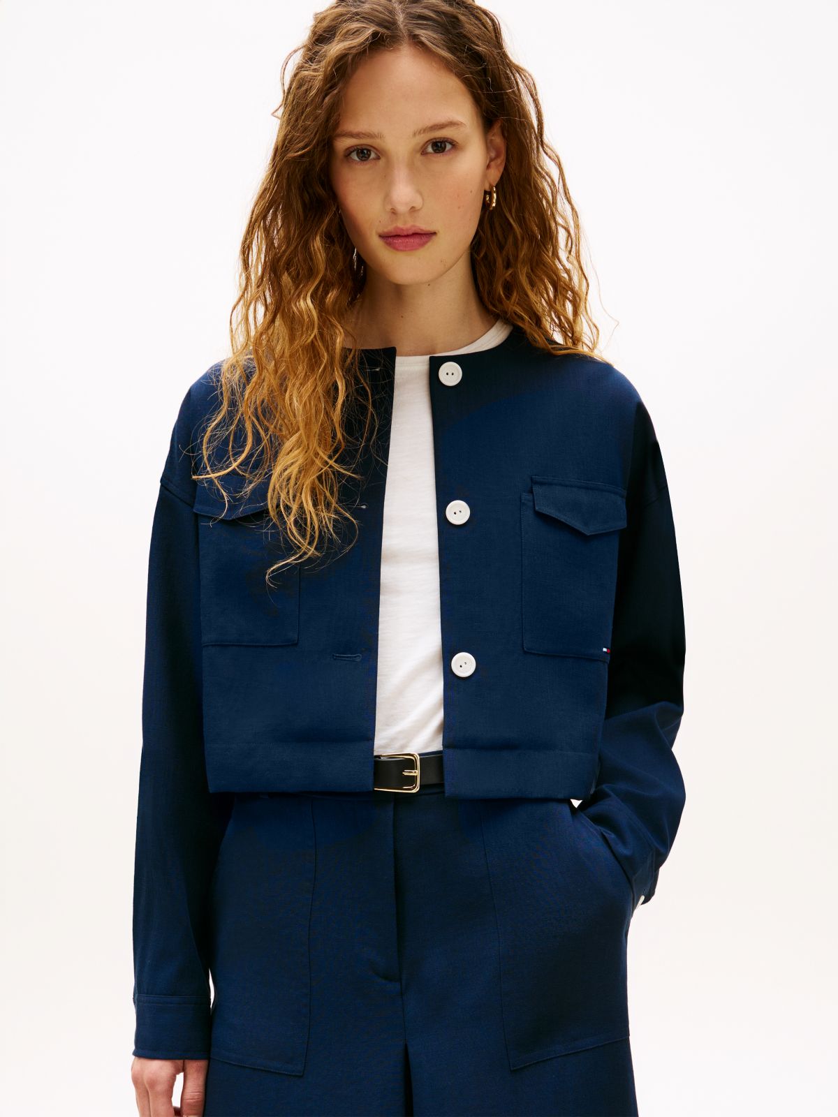 Tailored Collarless Boxy Short Utility Jacket — Blue