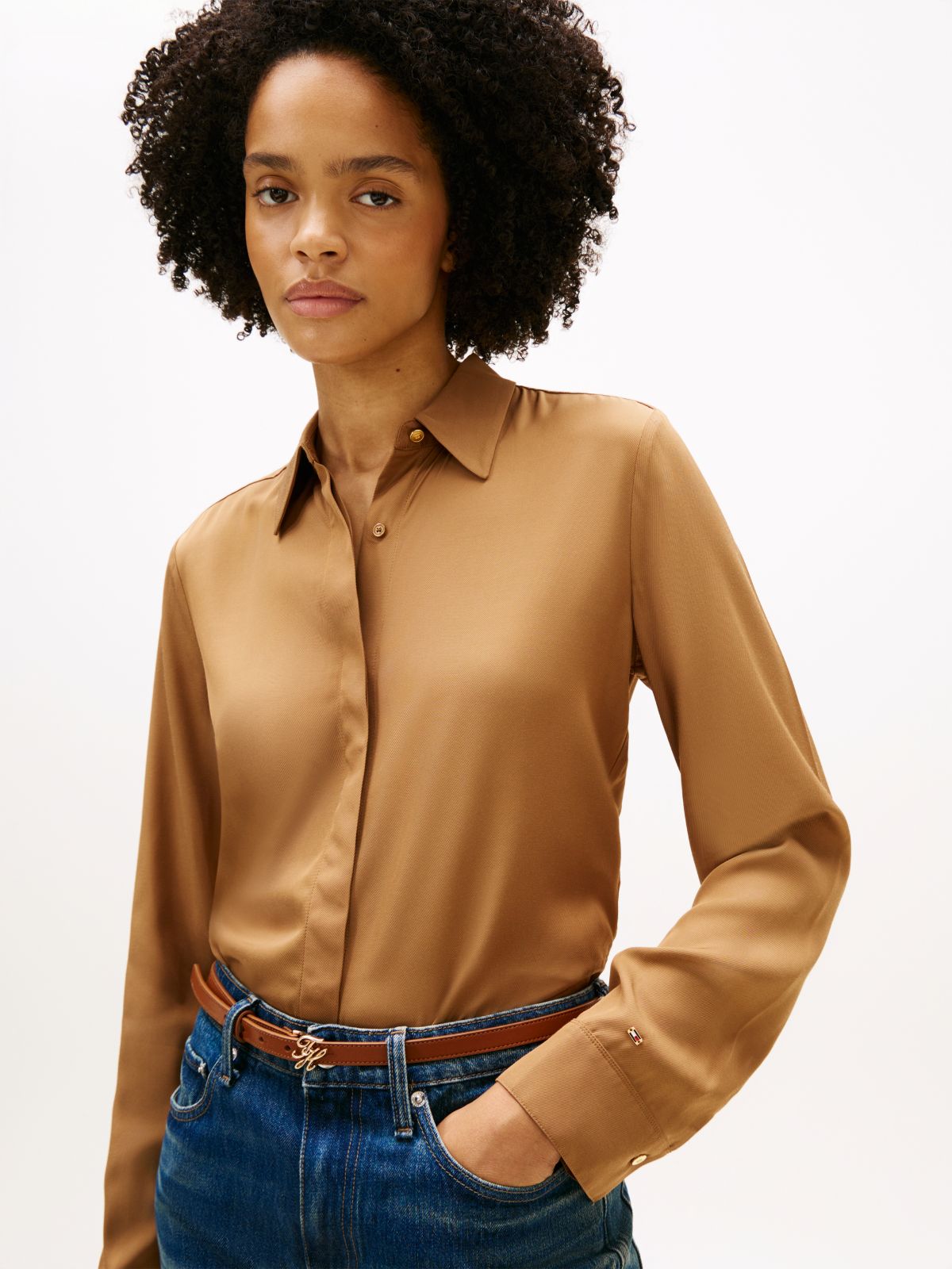 Regular Fit Gold-Tone Button Shirt — Brown