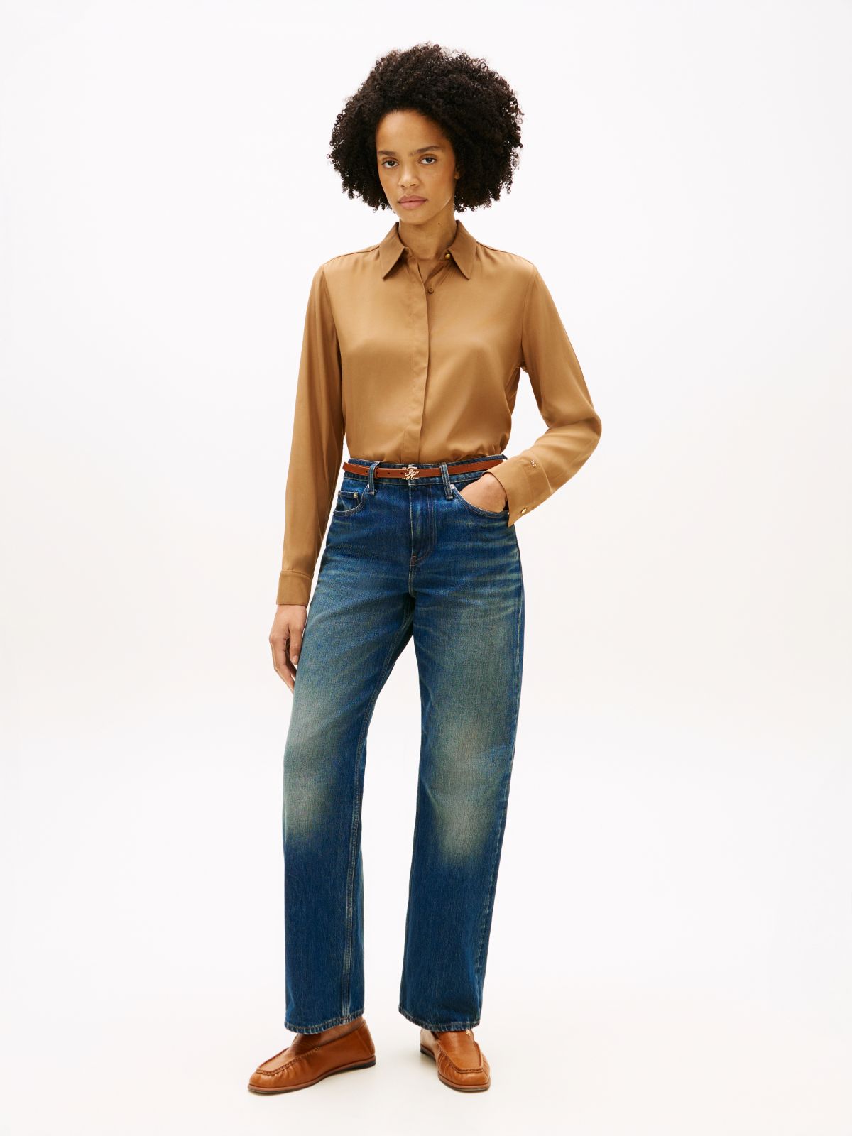 Regular Fit Gold-Tone Button Shirt — Brown