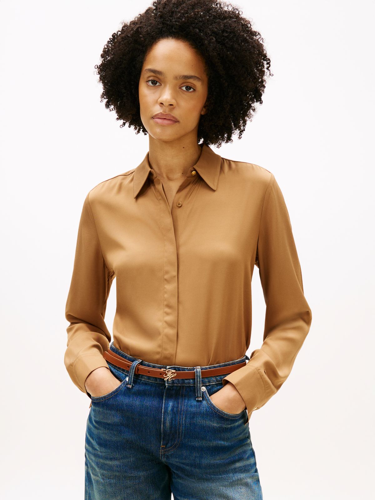 Regular Fit Gold-Tone Button Shirt — Brown