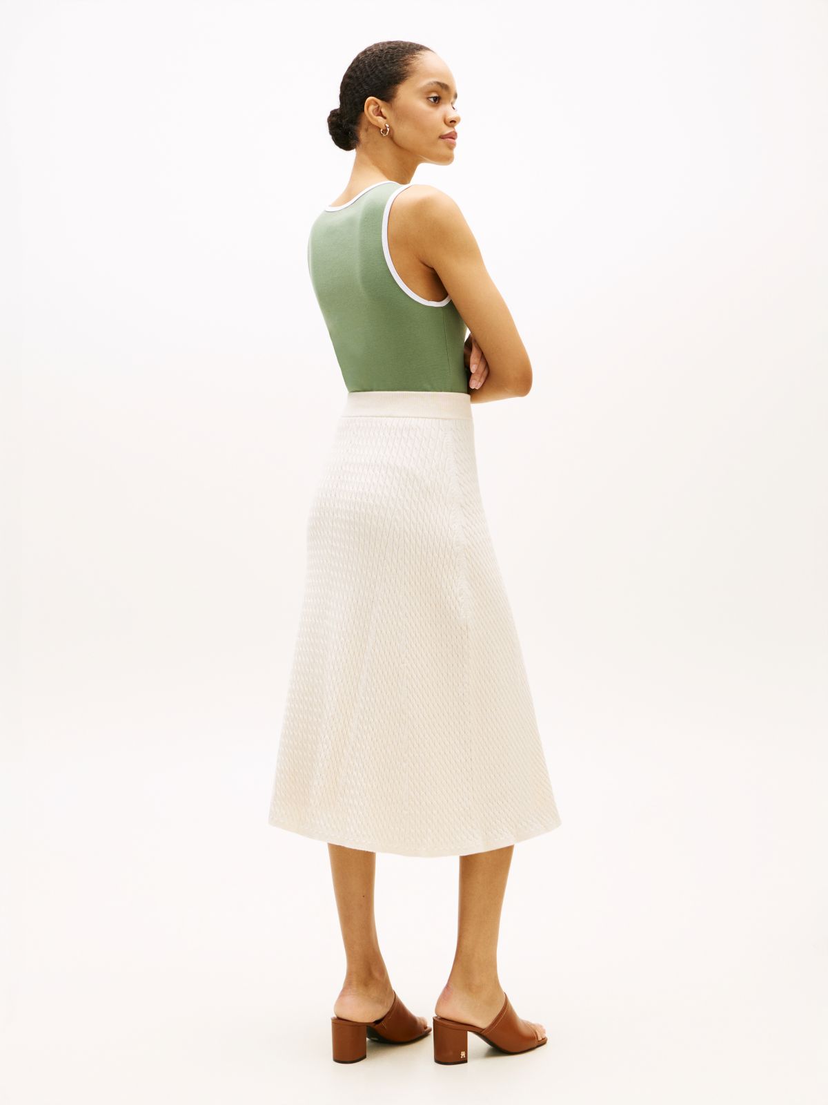 Cable Knit Relaxed A-Line Midi Skirt — Beige