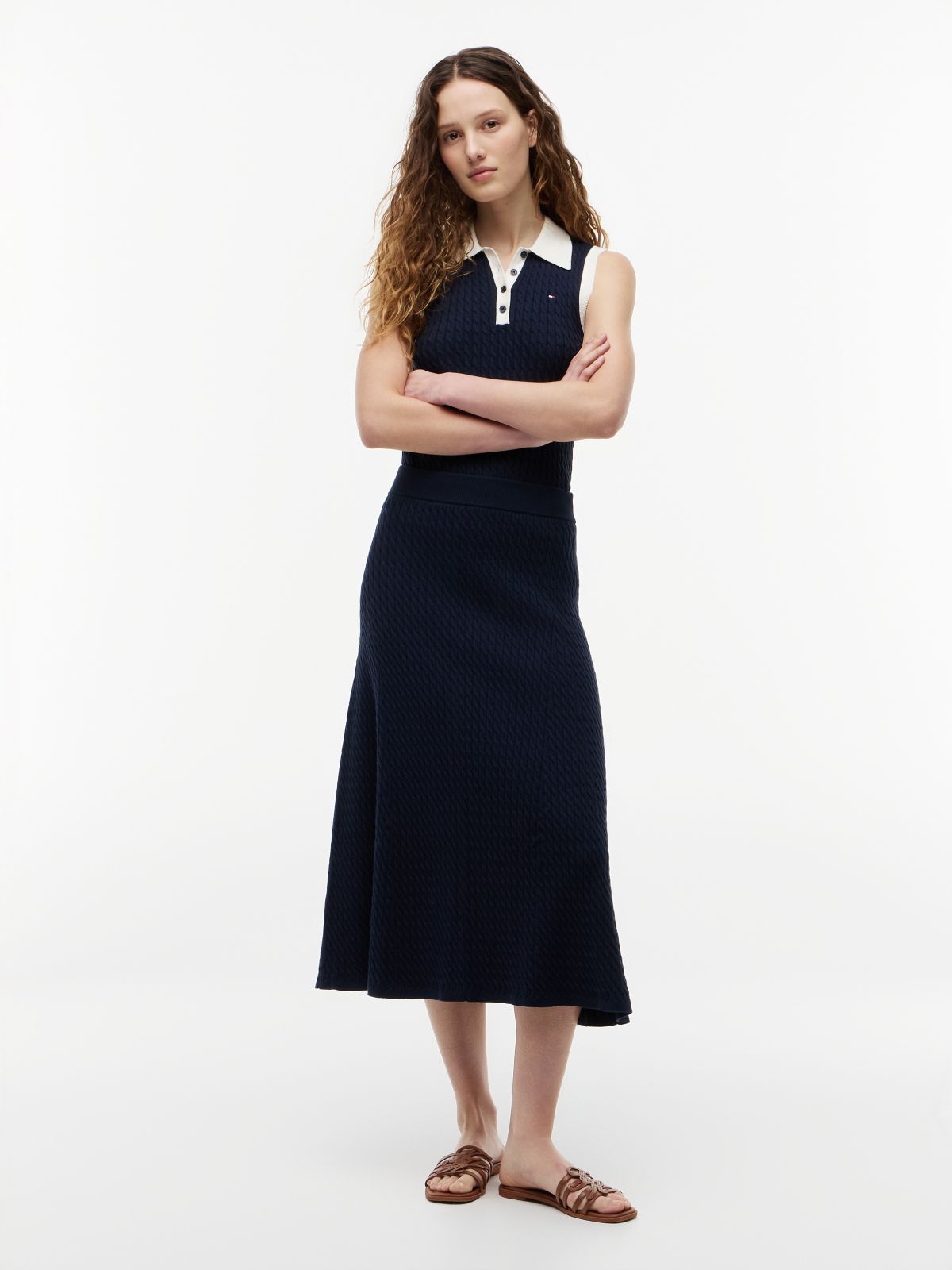 Cable Knit Relaxed A-Line Midi Skirt — Blue