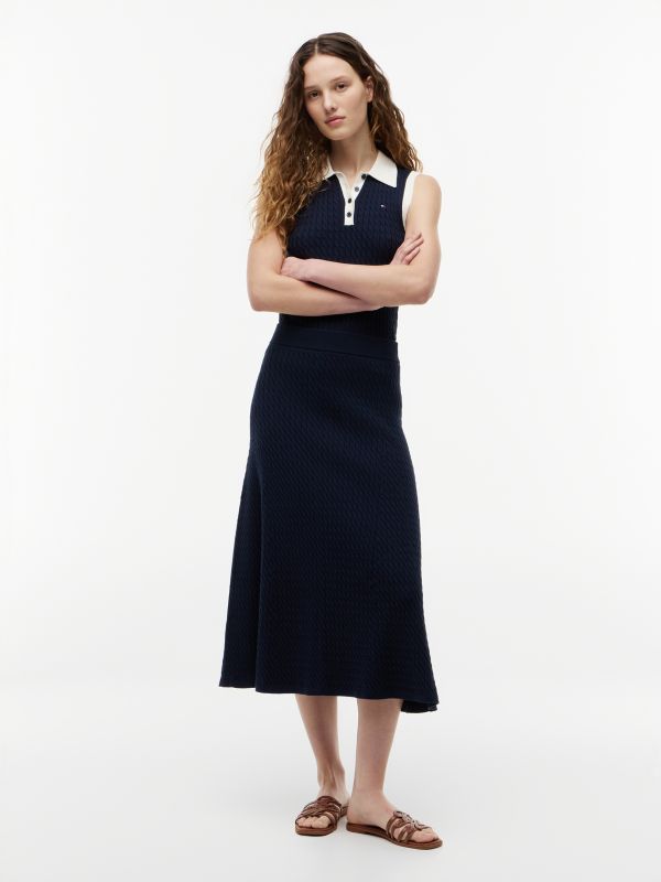 Cable Knit Relaxed A-Line Midi Skirt — Blue