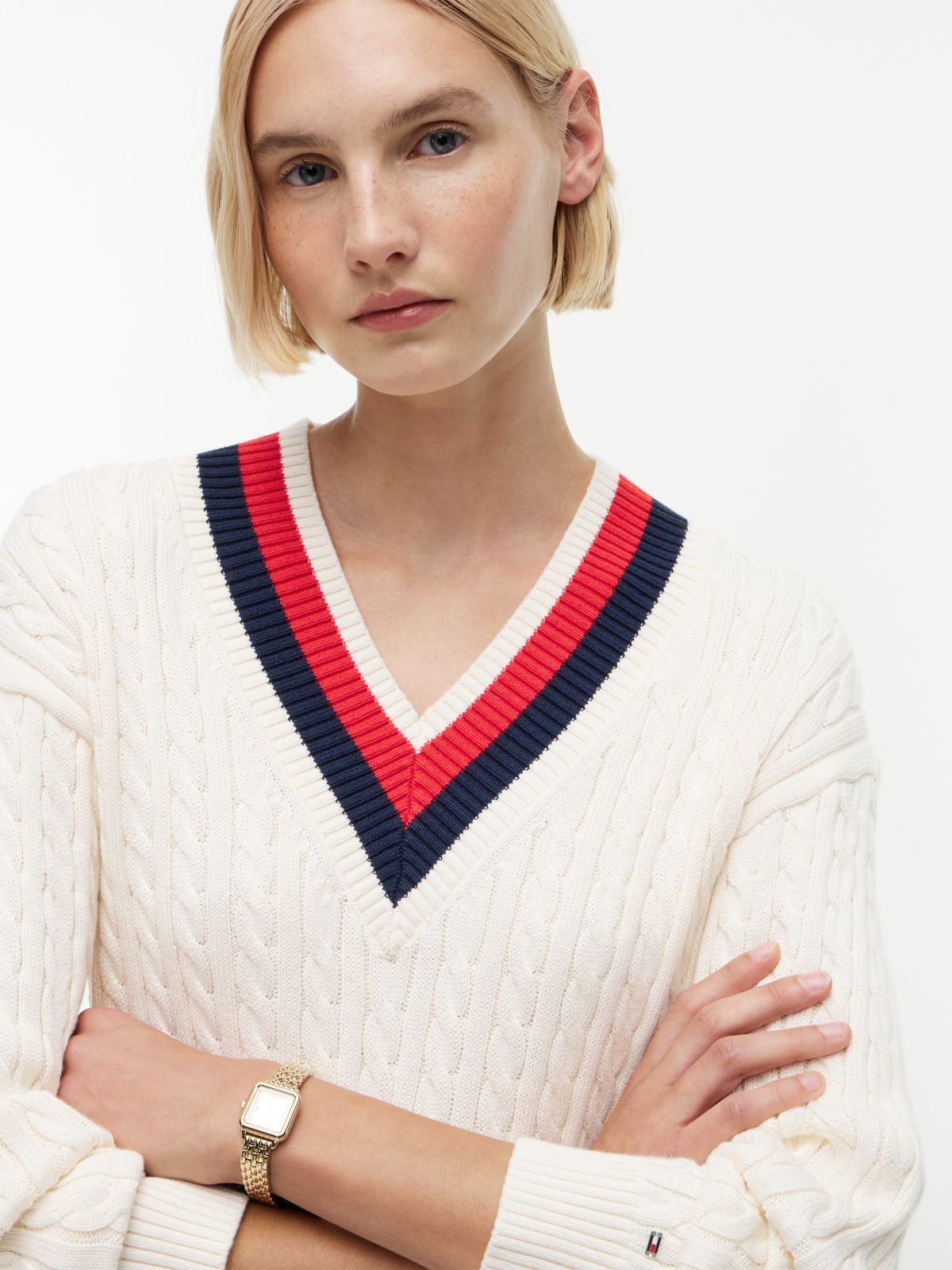 Cable Knit Relaxed V-Neck Jumper — Beige