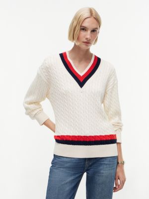 beige relaxed fit zopfmuster-pullover mit v-ausschnitt für damen - tommy hilfiger