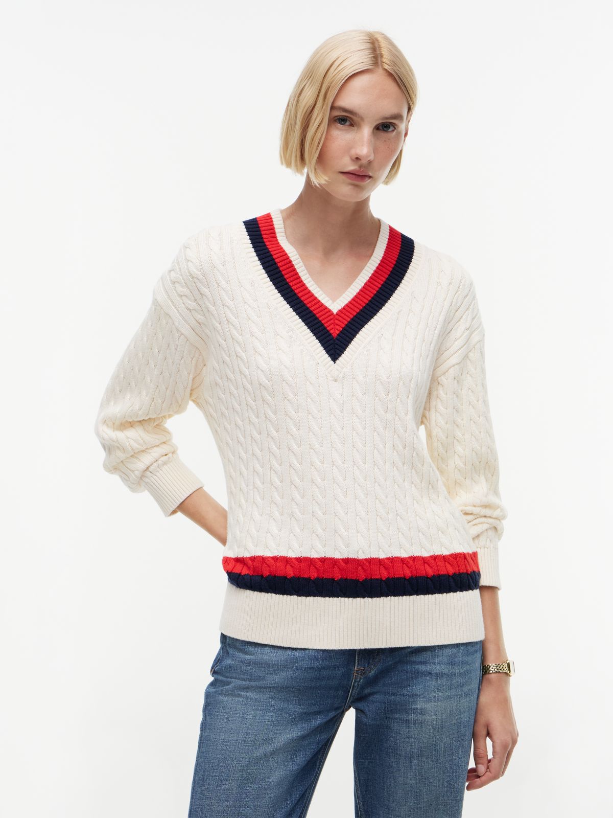 Cable Knit Relaxed V-Neck Jumper — Beige
