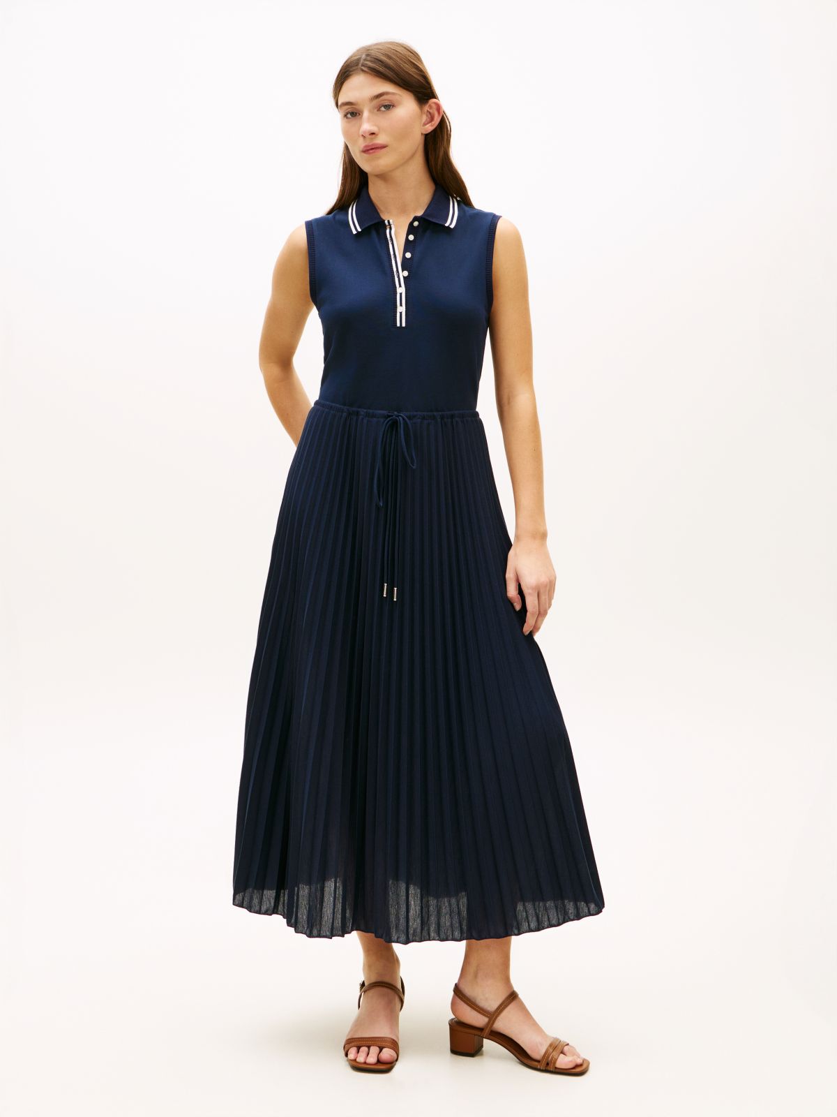 1985 Pleated Sleeveless Midi Polo Dress — Blue