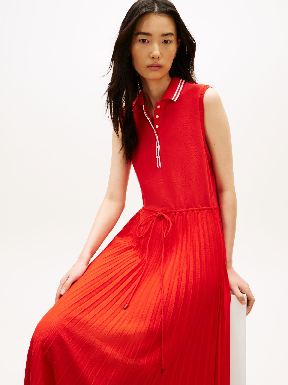 1985 Pleated Sleeveless Midi Polo Dress — Orange