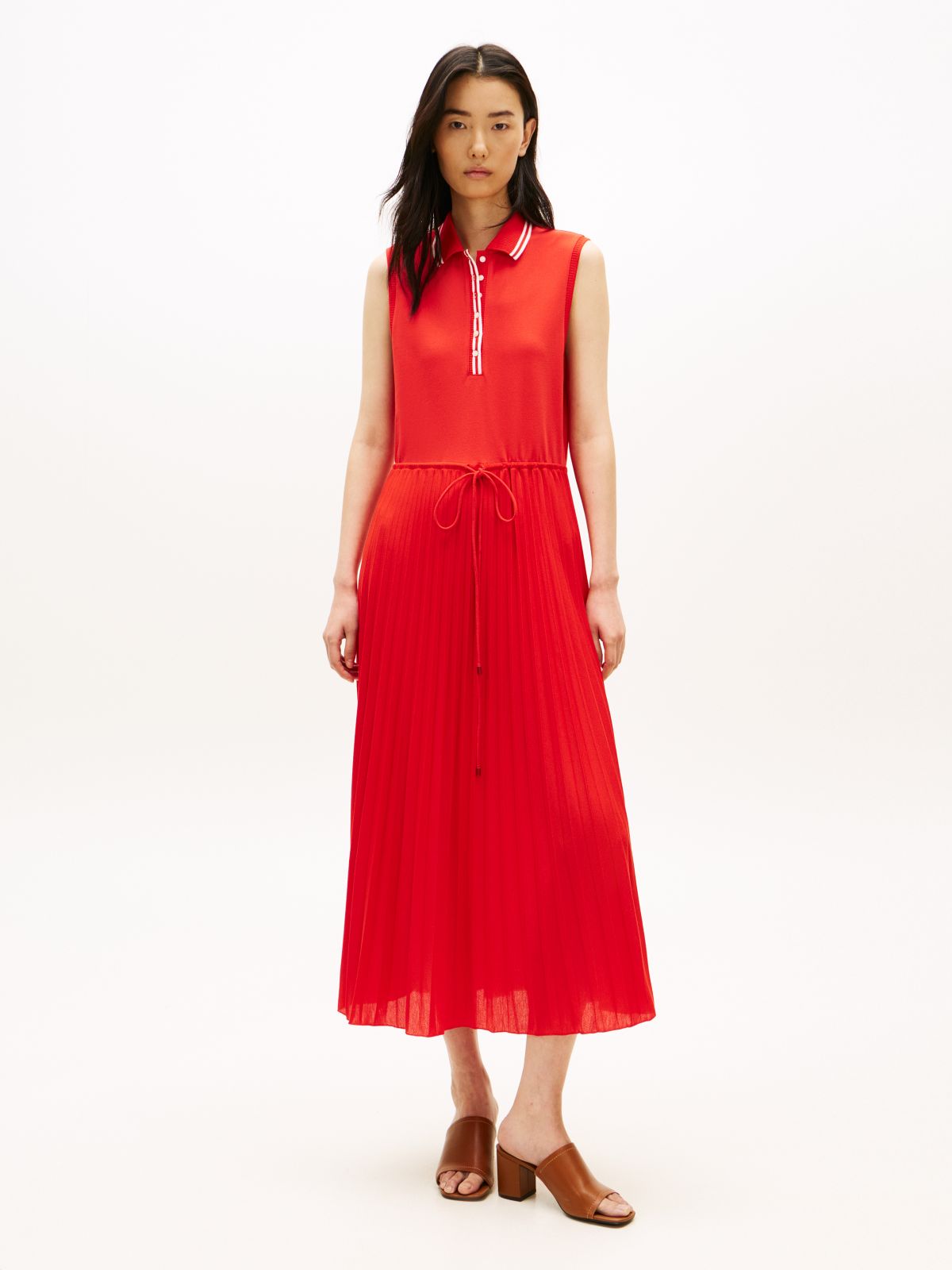 1985 Pleated Sleeveless Midi Polo Dress — Orange