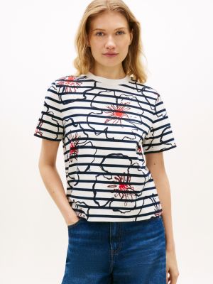 blue floral graphic interlock knit t-shirt for women tommy hilfiger