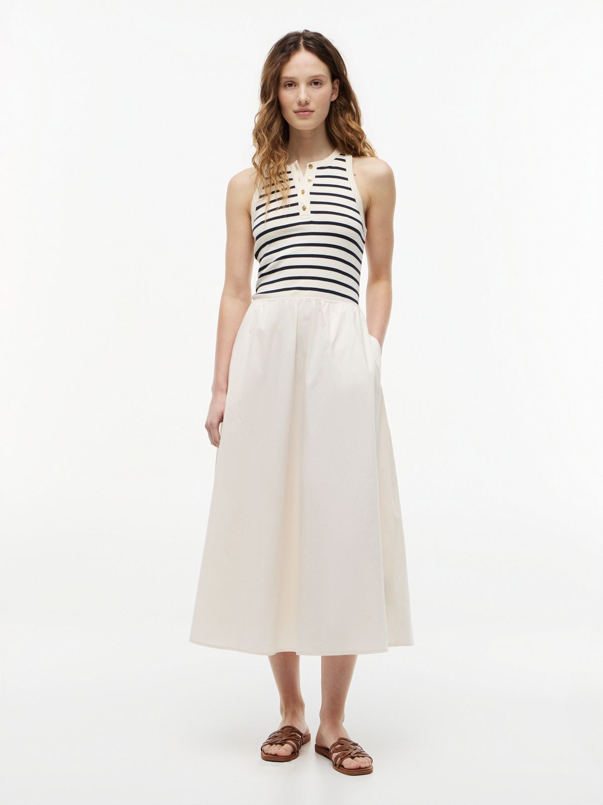 Gold-Tone Button Sleeveless Maxi Dress — Beige