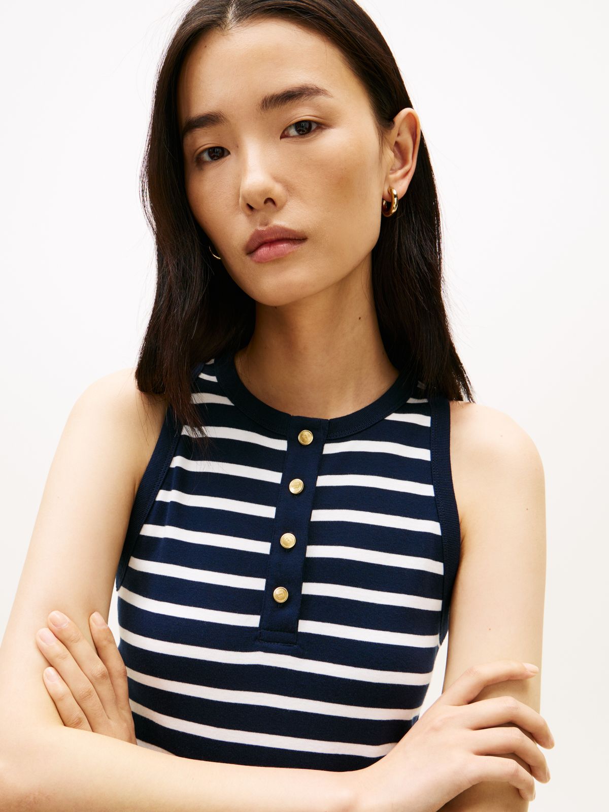 Gold-Tone Button Sleeveless Maxi Dress — Blue