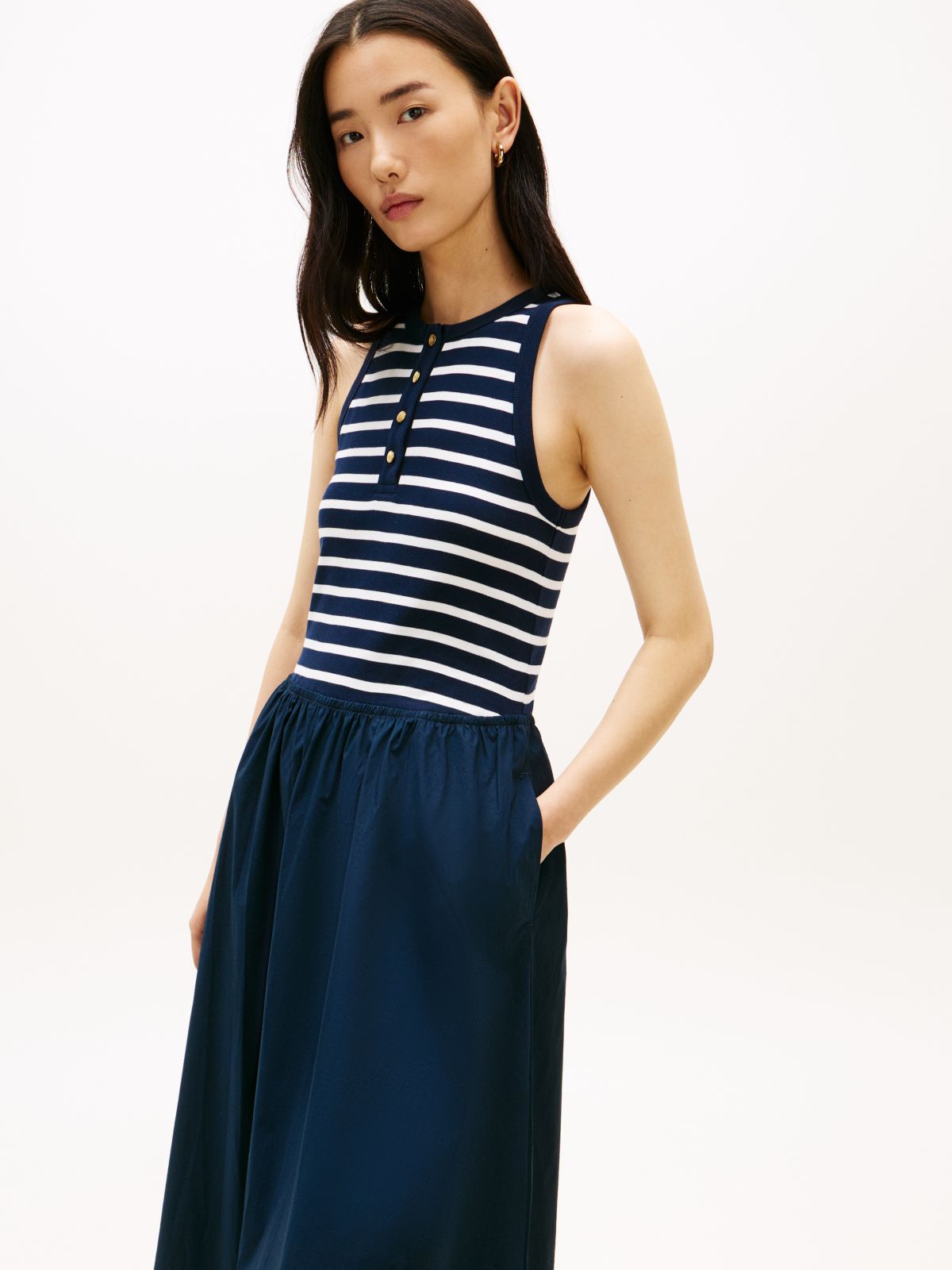 Gold-Tone Button Sleeveless Maxi Dress — Blue