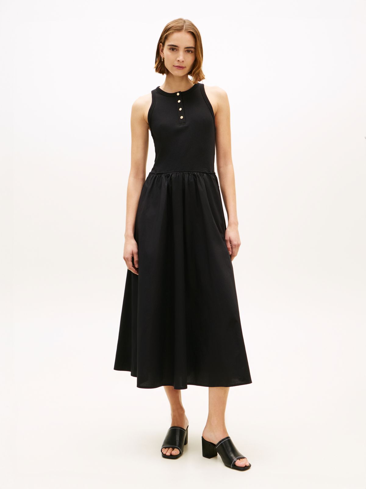 Gold-Tone Button Sleeveless Maxi Dress — Black