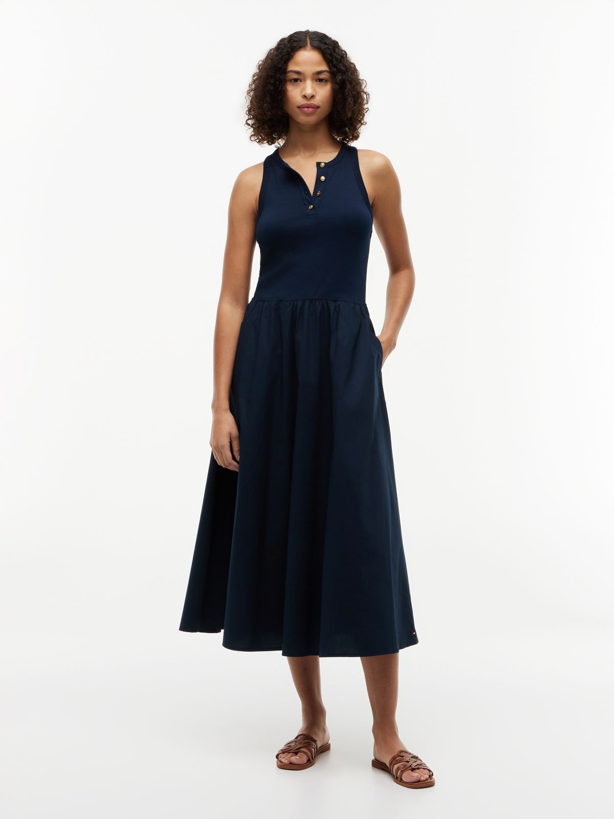 Gold-Tone Button Sleeveless Maxi Dress — Blue