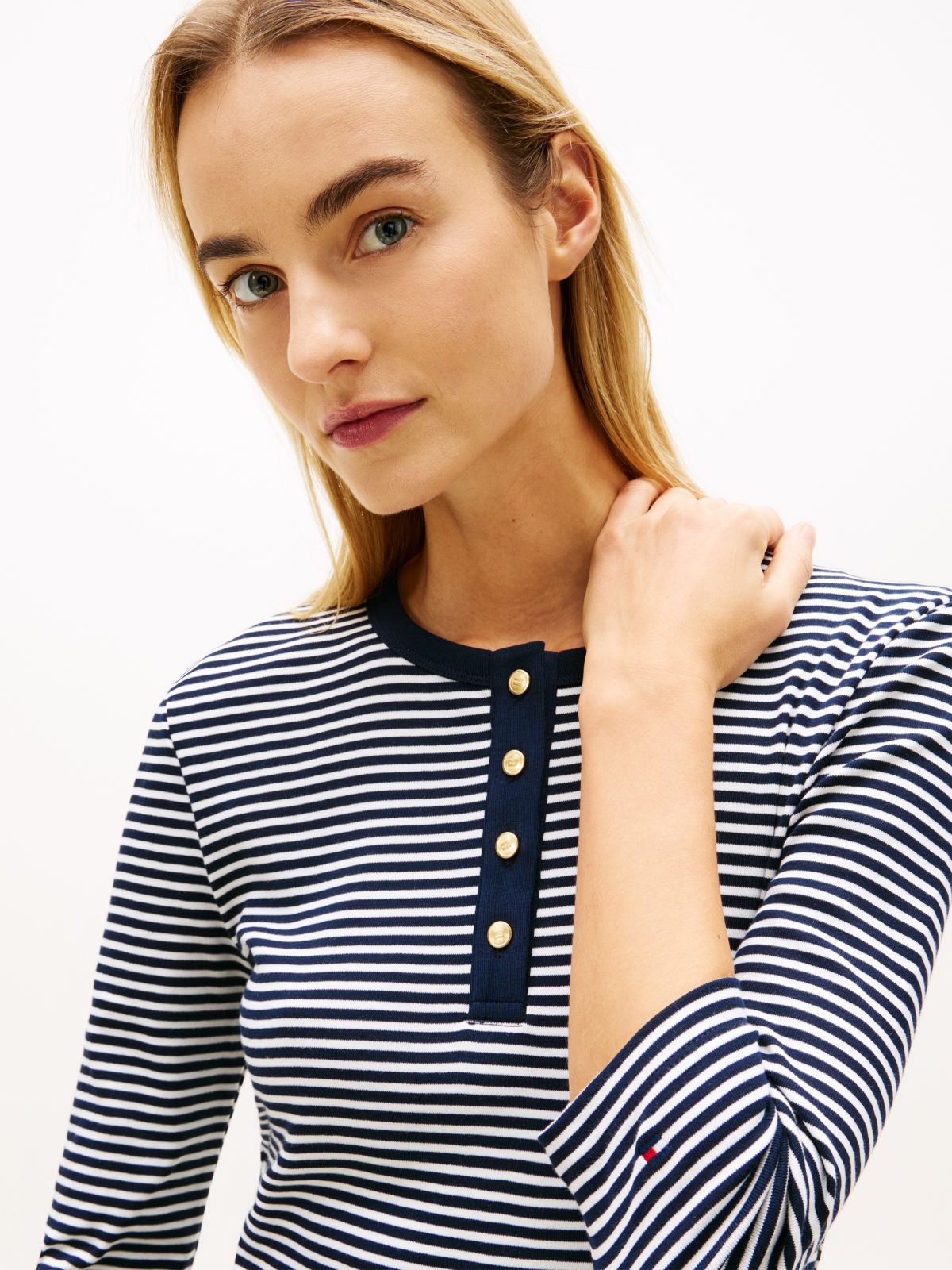 Gold-Tone Button Slim Henley T-Shirt — Blue