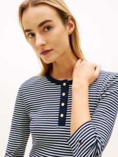 Gold-Tone Button Slim Henley T-Shirt — Blue 2