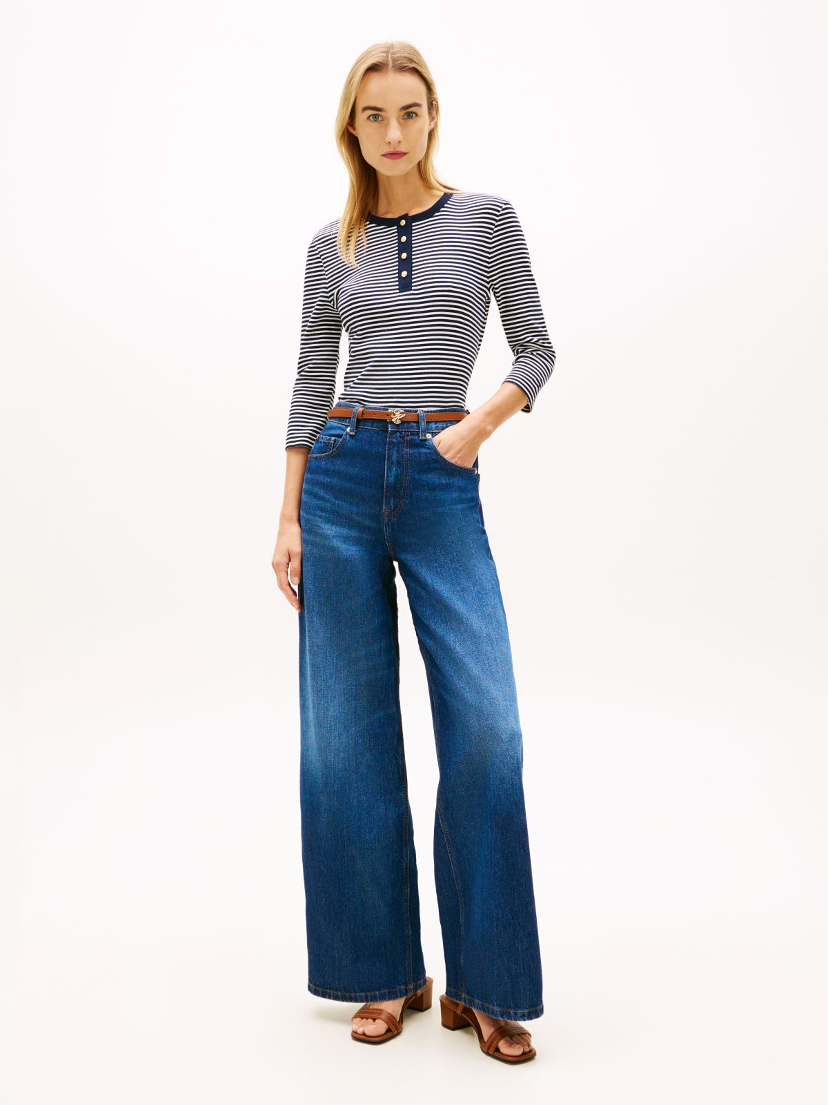 Gold-Tone Button Slim Henley T-Shirt — Blue