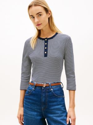 blue gold-tone button slim henley t-shirt for women tommy hilfiger