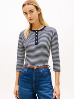 Gold-Tone Button Slim Henley T-Shirt — Blue 1